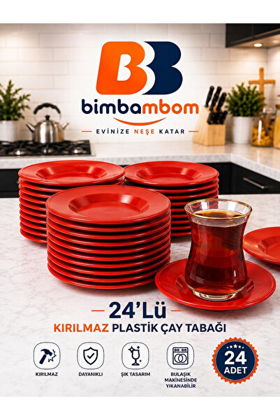 bimbambom 24 قطعة من أطباق الشاي الحمراء البلاستيكية، أطباق شاي غير قابلة للك...