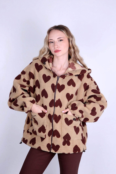SUN BUTİK Bej Kalp Desenli Oversize Astarsız Peluş Ceket