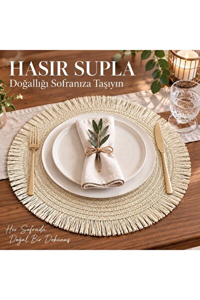 s elsa home YUVARLAK HASIR ÖRGÜLÜ PÜSKÜLLÜ SUPLA AMERİKAN SERVİS SOFRA SUNUM