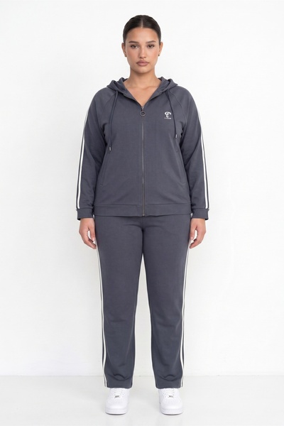 EXİTLİNE Women's Anthracite Seasonal Front Zipper Hooded Striped Logo Detaile...