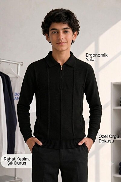 Pina Kids Boy's Zippered Polo Collar Ribbed Knit Sweater Trk11011