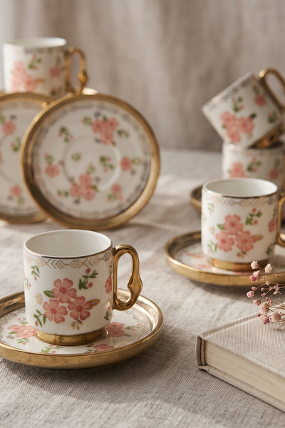 Yaren Style Vintage Blossom 6 Kişilik 12 Parça Seramik Türk Kahvesi Fincan Ta...