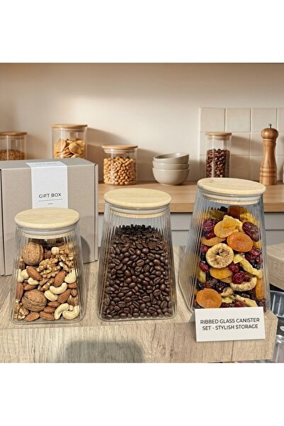 LeylArt 4-Piece Borosilicate Glass Striped Glass Jar Kitchen Set with Bamboo ...