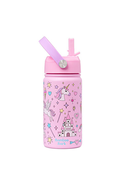Bamboo Bark Insulated Water Bottle for Kids, 400ml Stainless Steel with Straw...