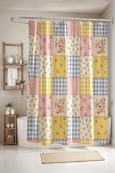 EVPANYA Pöti Square Flowers Patterned Bathroom Curtain, Shower Curtain, Batht...