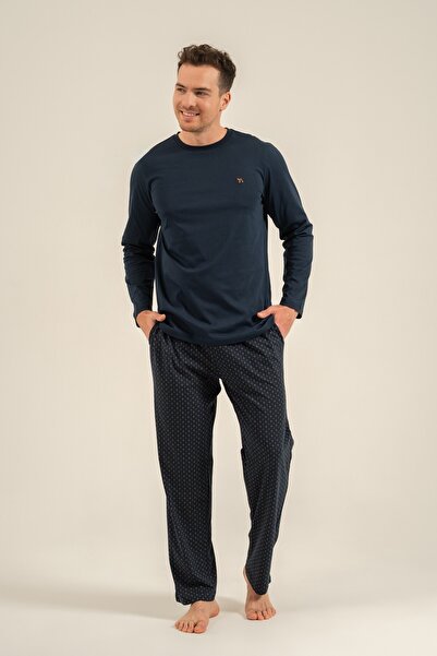 Arnetta Men's Navy Blue 100% Cotton Pajama Set, Crew Neck, Pocket Detail