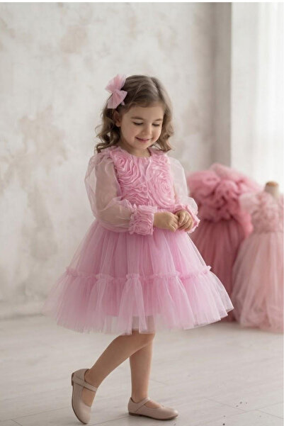 penu baby kids 3D Rose Pattern Long Tulle Sleeves Girls Dress with Ruffles at...