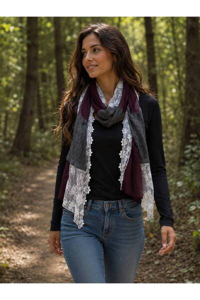 Gönülden Tasarım Knitwear Lace Detailed Women's Scarf Shawl 160X45 cm