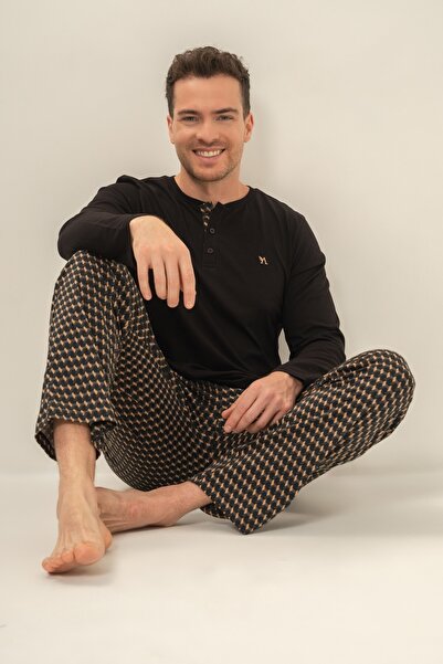 Arnetta Men's black 100% cotton long sleeve pajama set, buttoned bicycle coll...