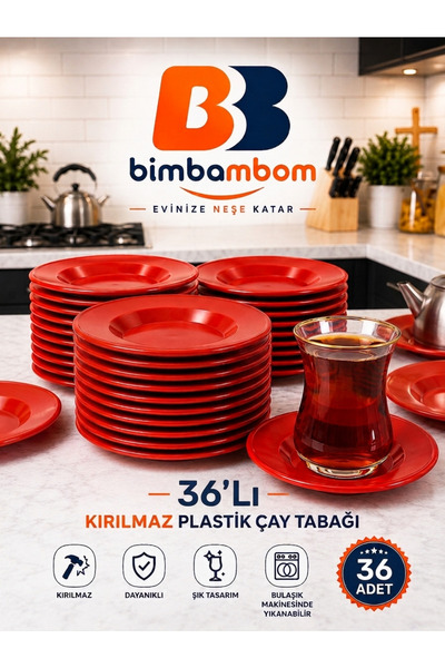 bimbambom 36 قطعة من أطباق الشاي الحمراء البلاستيكية، أطباق شاي غير قابلة للك...