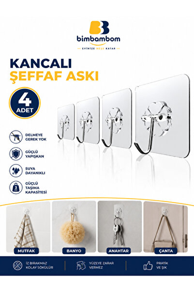 bimbambom 4 adet, Metal Kancalı Şeffaf askı, Banyo askısı, Kapı askısı, Güçlü Yapışkanlı askı