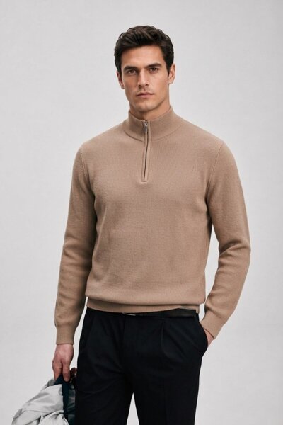 Maccali Men's Stand Collar Zippered Camel Knitwear Winter Sweatshirt