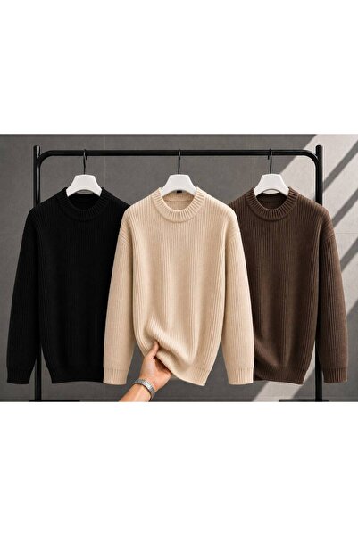DepoExport Women's 3-Piece Crew Neck Oversize Knitwear Sweater Soft Knitted S...