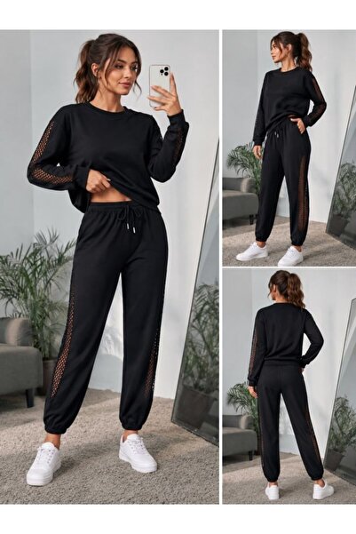 Şeker Portakalım Women's long sleeve crew neck viscose two-piece set with mes...