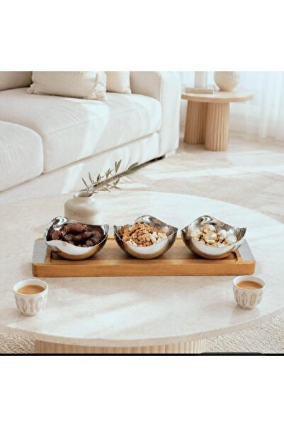laverahome 3-Piece Steel Serving Set with Light Wood Tray |