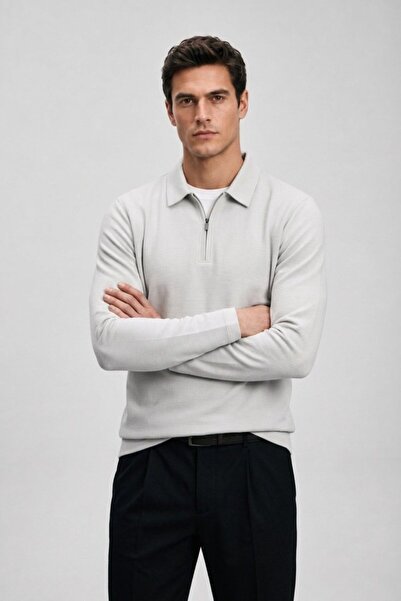 Maccali Men's Seasonal Comfortable Gray Polo Collar Zippered Sweatshirt