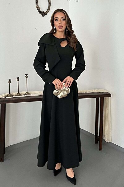 End Black Store Black Front-Draped Shoulder Bow Dress