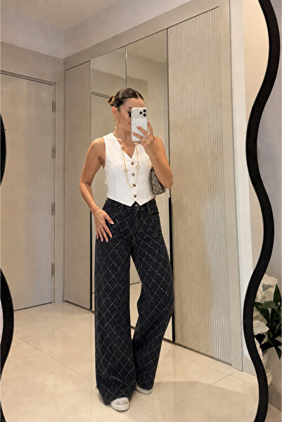 Gizem Ecemiş Moson Çapraz Taşlı Wide Leg Jean