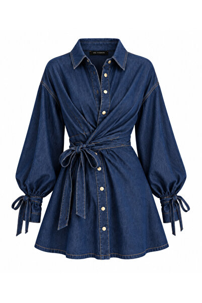 Butik Marlowe Kuşaklı Bağlama Detaylı Denim Mini Elbise – Lacivert