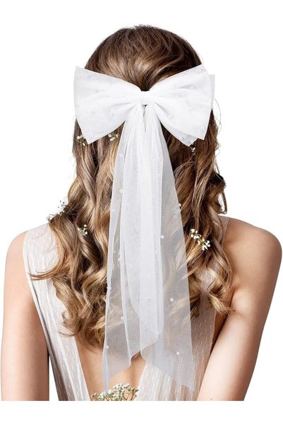 MAKINGTEC Mesh Ribbon Hairpin, Bridal Bow Veil, Pearl White Hairpin, Wedding ...