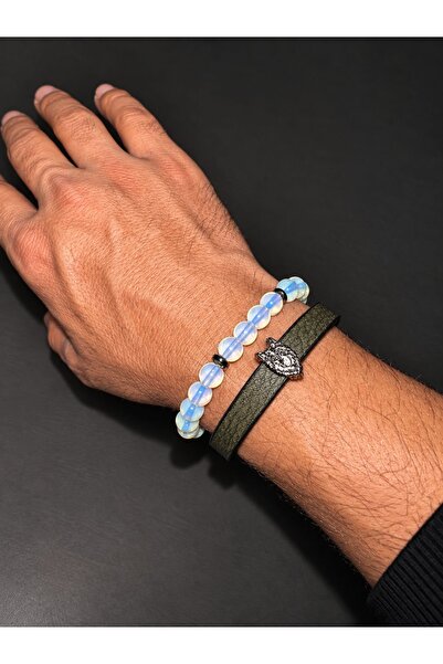 Bujiteri Men's Beaded Leather Bracelet Set Natural Stone Look Stylish Modern ...