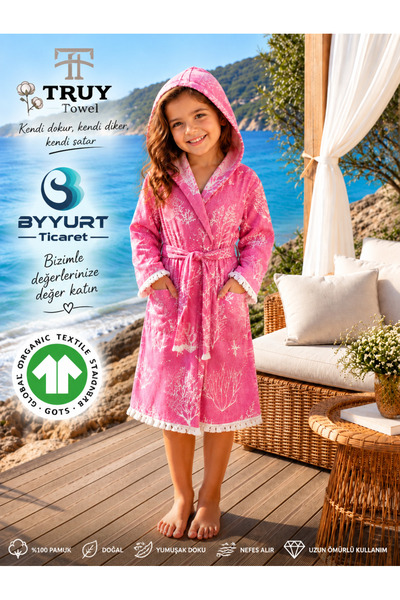 TruyTowel %100 Pamuk Müslin Jakarlı Çocuk Bornozu 5-12 Yaş