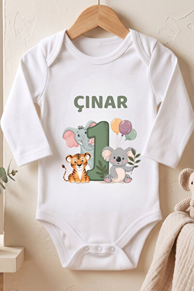 İsimli 1 Yaş Doğum Günü Konsept Bebek Zıbın %100 Pamuk Erkek Sevimli Hayvanlar Erkek Bebek Body