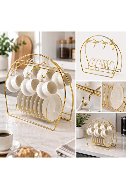 EMVORA HOME Emvora Gold Oval Fincan Takımı Standı – 6 Kişilik Metal Fincan ve...