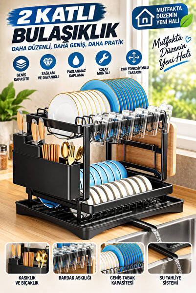 Trend Store 2 Katlı Tezgah Üstü Tepsili Bulaşıklık Tabaklık Kurutmalık Bardak...