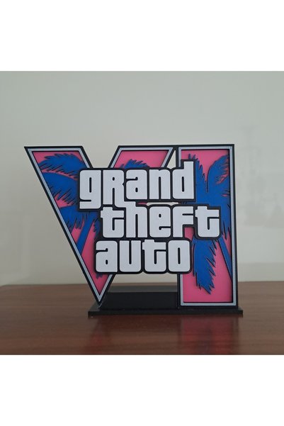 GTA 6 Logo Masaüstü Dekoru 11 cm - Vice City Temalı Oyuncu Odası Standı, Gamer Setup Ve TV Ünitesi Aksesuarı