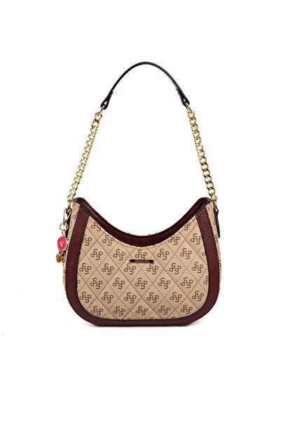 Silver Polo Dark Beige - Claret Red Monogram Women's Shoulder Bag Sp1168