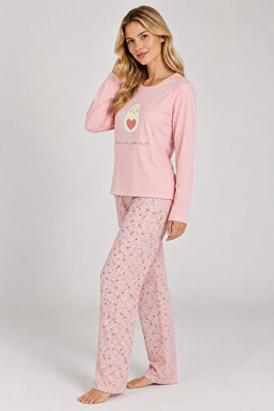 Pijamask Kadın Pamuklu Pudra Pembe Avokado Baskılı Uzun Kollu Esnek Pijama Takımı - Alt Üst Takım