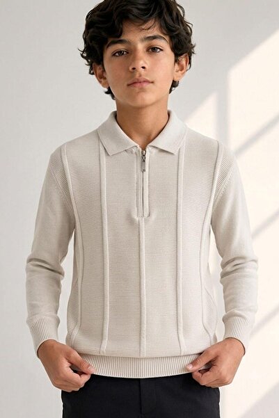 Pina Kids Boy's Zippered Polo Collar Ribbed Knit Sweater Trk11011