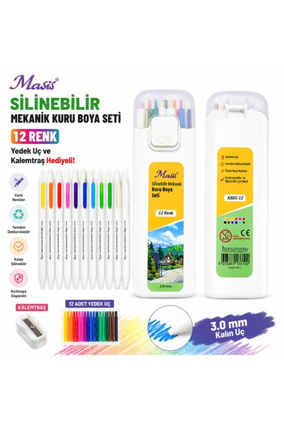 Masis Silinebilir Mekanik Kuru Boya Seti 12 Renk 3 mm Versatil Kuru Boya Kale...
