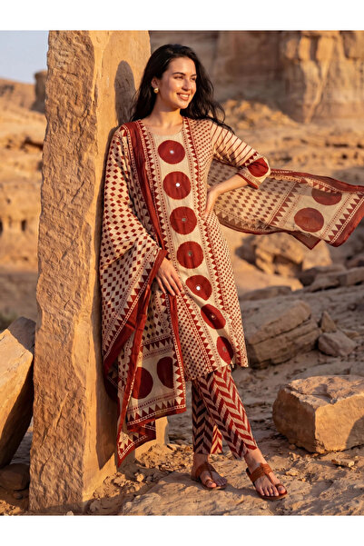 MYSMAR Maroon & Beige Patterned Viscose Kurta Set - ALV2211 | Maroon & Beige-...