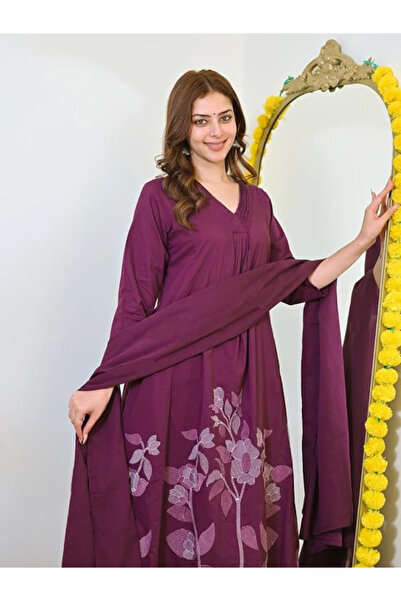 MYSMAR Wine Viscose Floral Print A-Line Kurta Set - ALV2233 | Wine-Size:2XL-4...