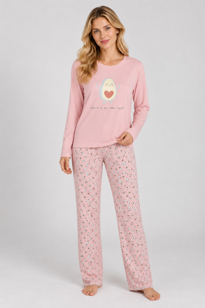 Pijamask Kadın Pamuklu Pudra Pembe Avokado Baskılı Uzun Kollu Esnek Pijama Takımı - Alt Üst Takım