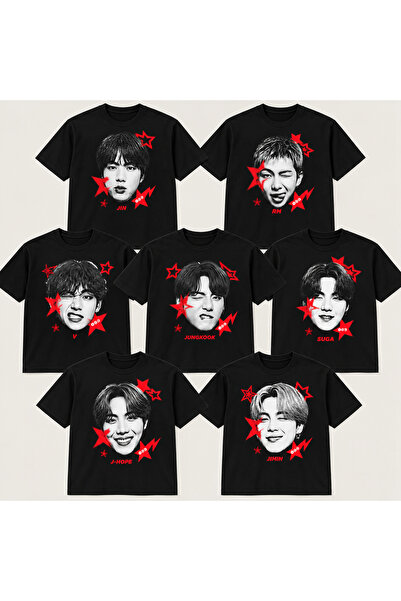 Mercher Club BTS Üyeleri Baskılı Siyah Regular T-Shirt – Jin RM V Jungkook Su...