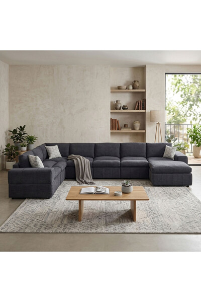 homejoyz U-Shaped Corner Sofa Linen and Swedish Wood-Black-Arvena-400X220X170X75X90 cm