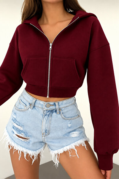 BYMEER Bordo Kapşonlu Fermuarlı Crop Sweatshirt Hırka
