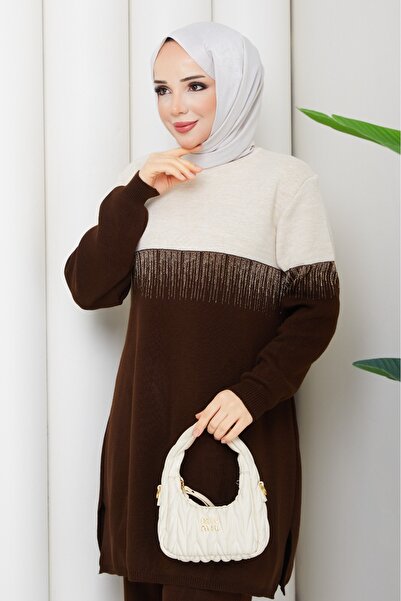 NİLNUR MODA New Season Women's Two-Color Glittery Knitwear Tunic Set with Tro...