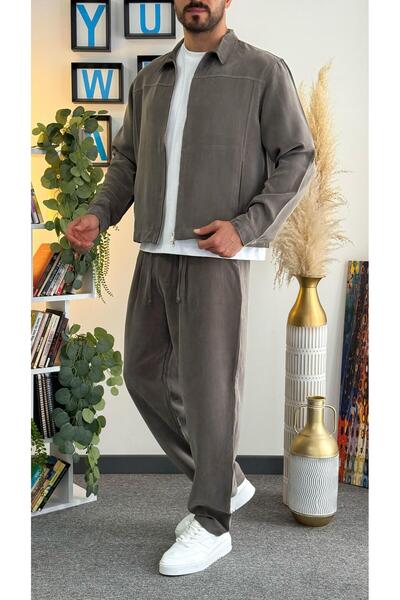 Tencel Dokulu Takım (Crop Tencel Ceket- Baggy Tensel Pantolon)