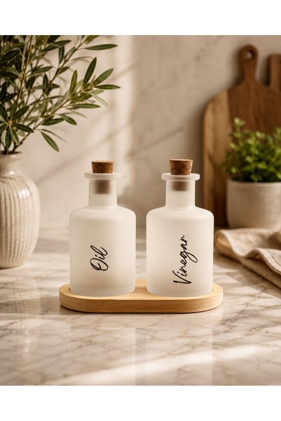 Novaurè Demmy Glass Oil and Vinegar Set with Wooden Stand - 200 ml X 2 Pieces