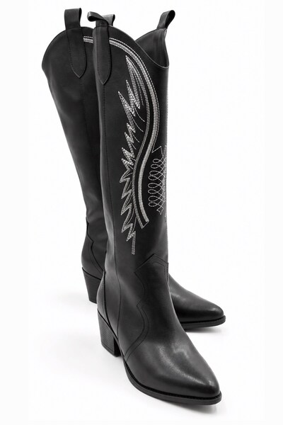 İX Django Women's Embroidered Pointed Toe Thick Heeled Below the Knee Western...