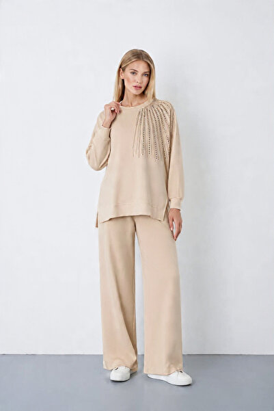 Kadın Taş İşlemeli Oversize Sweatshirt Pantolon Takım