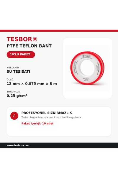 PTFE Teflon Bant Su İçin 12 mm x 0,075 mm x 8 m 10'lu Paket