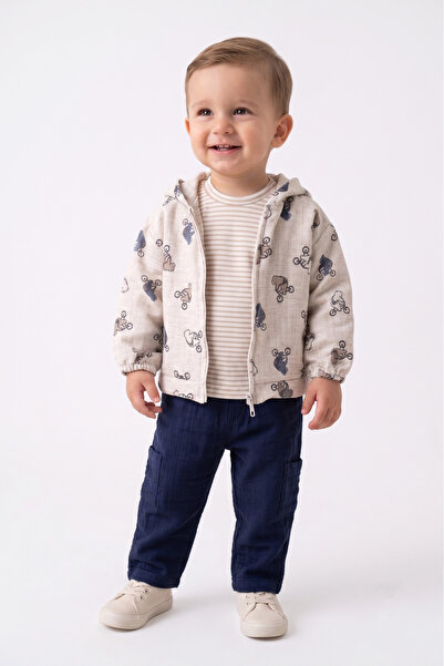 pio Baby Boy Cycling Pattern Hooded Muslin 3-Piece Set - Body, Cardigan, Pants