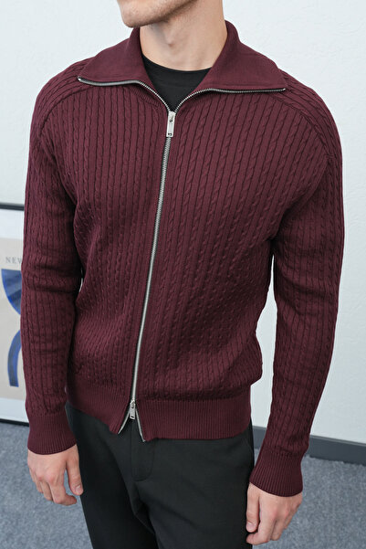 İLKCET MODA Hair Braid Burgundy Wide Collar Double Zipper Premium Cardigan