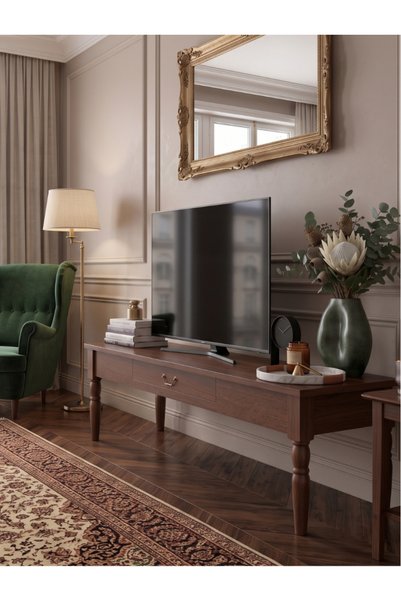 Woodenbend Marine Ceviz TV Sehpası | 160 cm Kayın Torna Ayaklı Klasik Country Ahşap TV Ünitesi