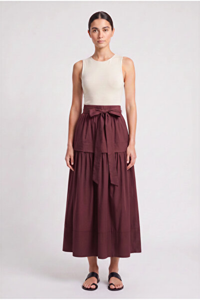 afeta Elastic Waist Belted Layered Detailed Parachute Fabric Maxi Skirt Burgundy